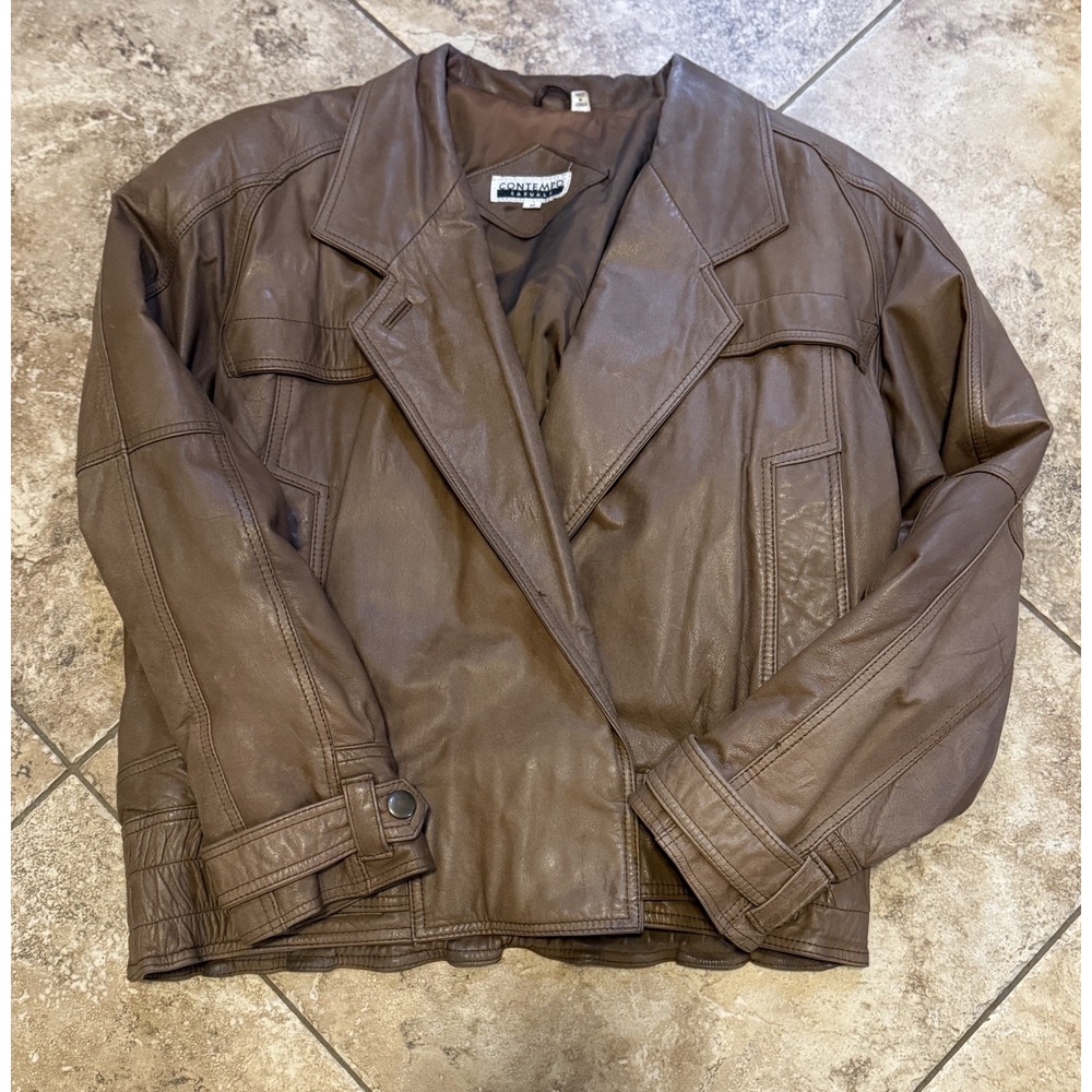 Vintage 1980s Contempo Casuals Brown leather Cropped Moto‎ Jacket Size Medium